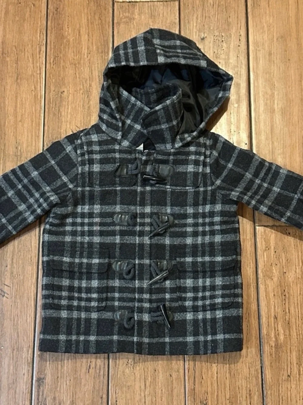 Janie and Jack Baby Boy Wool Blend Toggle Coat 6-12 Black Gray Plaid Hood Jacket